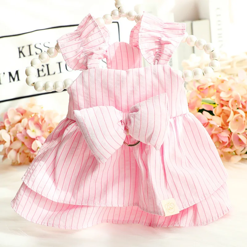 Nuevo vestido de perro de algodón puro de primavera y verano, diseño clásico a rayas con lazo encantador para Bichon, Schnauzer y Chihuahua