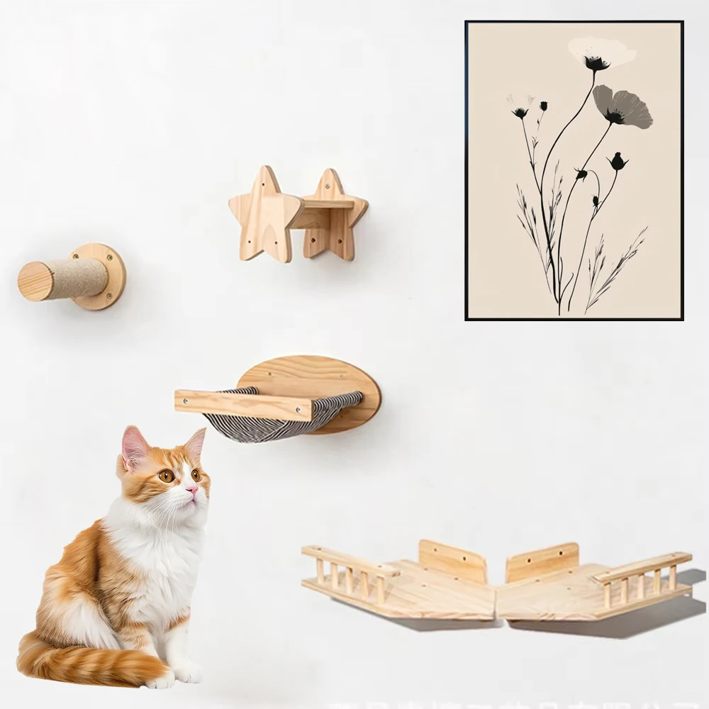 Marco de escalada para gatos de madera maciza, montado en la pared con poste rascador para gatos, plataforma para saltar nido de juguete y estantes de escalera de madera - imagen 3