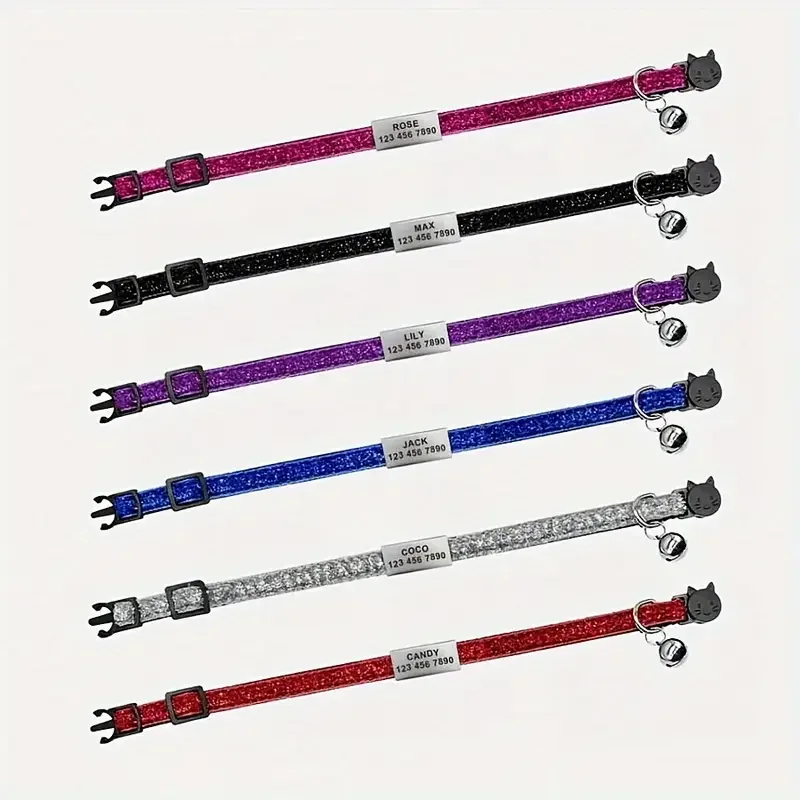 Collar con hebilla de seguridad para gatos con purpurina, ajustable, personalizado, sin identificación, grabado, Collar de nailon para cachorros y gatitos - imagen 4