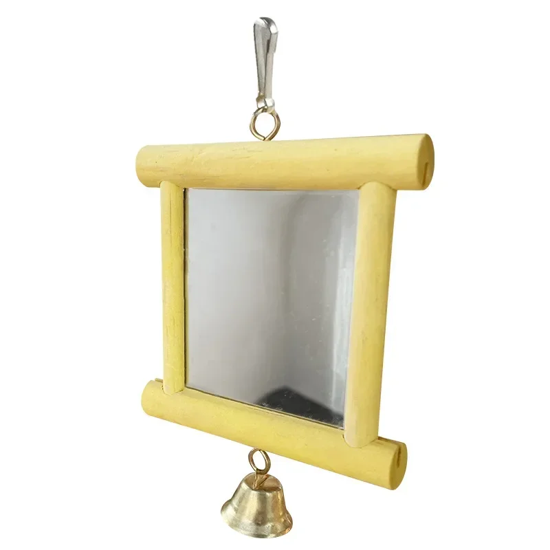 1 Uds. Espejo de madera maciza para mascotas, espejo para loros y pájaros, divertido juguete de pino de pie, accesorios para pájaros con campanas, juguetes de madera, accesorios para pájaros - imagen 4
