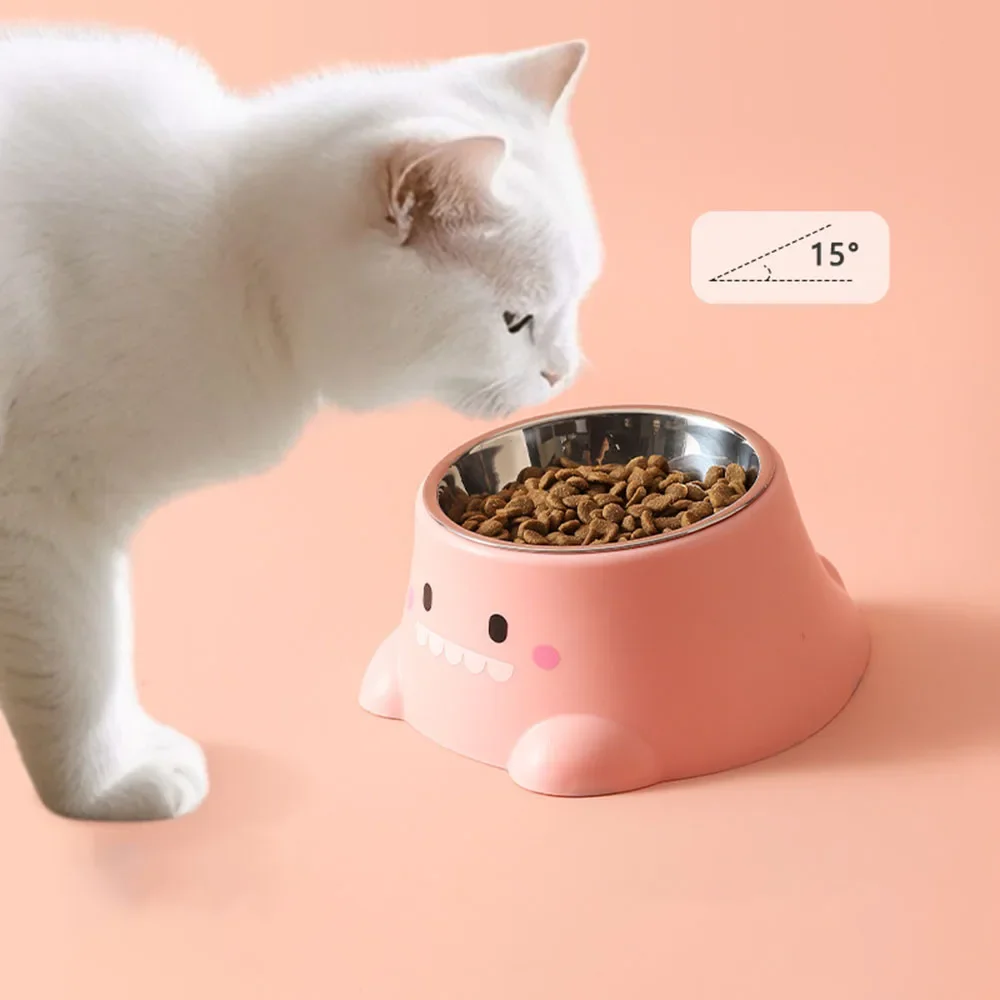 Cuenco para gatos con protección del cuello y pie alto con boca inclinada, bonito diseño de dinosaurio pequeño, cuenco individual para gatos/perros, cuenco de alimentación para mascotas