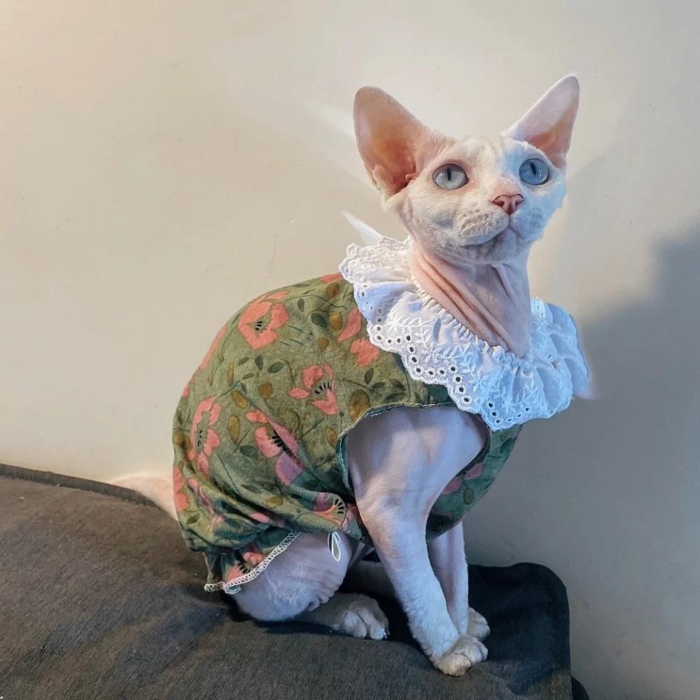 Falda de algodón Floral con cuello de encaje verde dulce de verano para vestido sin mangas de gato Sphynx para Devon Rex camisa transpirable para gatitos - imagen 4