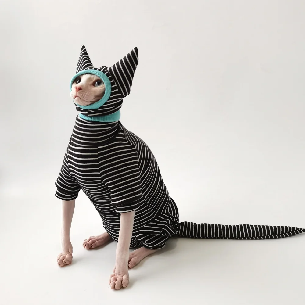 Camisa de rayas de cuatro patas Sombrero Cubierta de cola Traje para Sphynx Cat Sudadera negra de primavera para gatitos Disfraces de otoño cálidos sin pelo - imagen 3