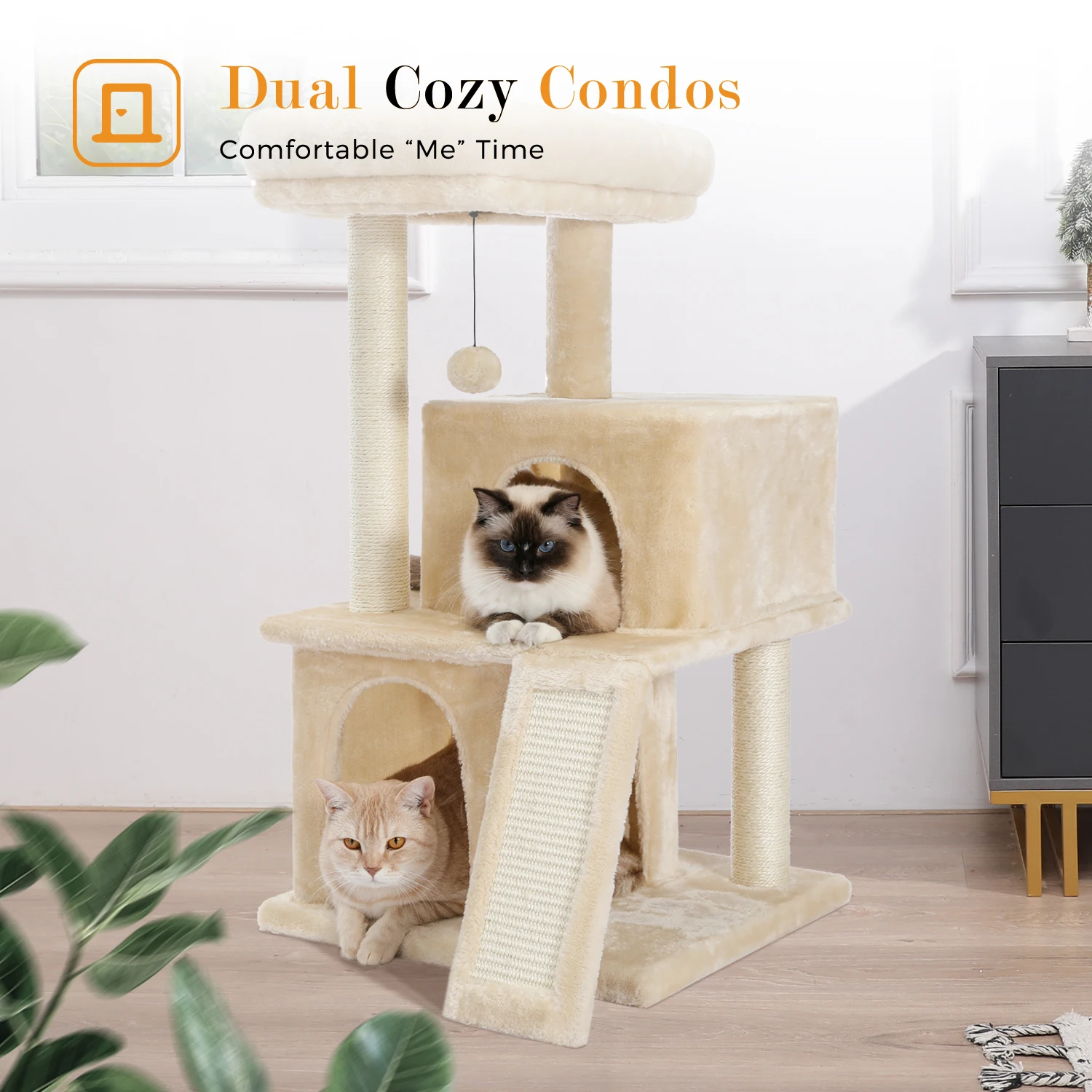 Árbol para gatos Torre para gatos multinivel con condón doble, perca espaciosa, poste de sisal para rascar completamente envuelto y bolas reemplazables - imagen 2