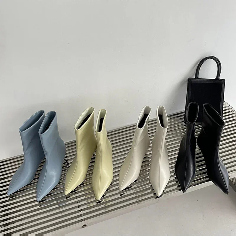 Botines de Mujer con punta estrecha a la moda, Zapatos cortos ajustados para Mujer, tacones bajos, zapatos de tacón para vestido de fiesta, Zapatos de invierno y otoño para Mujer - imagen 4