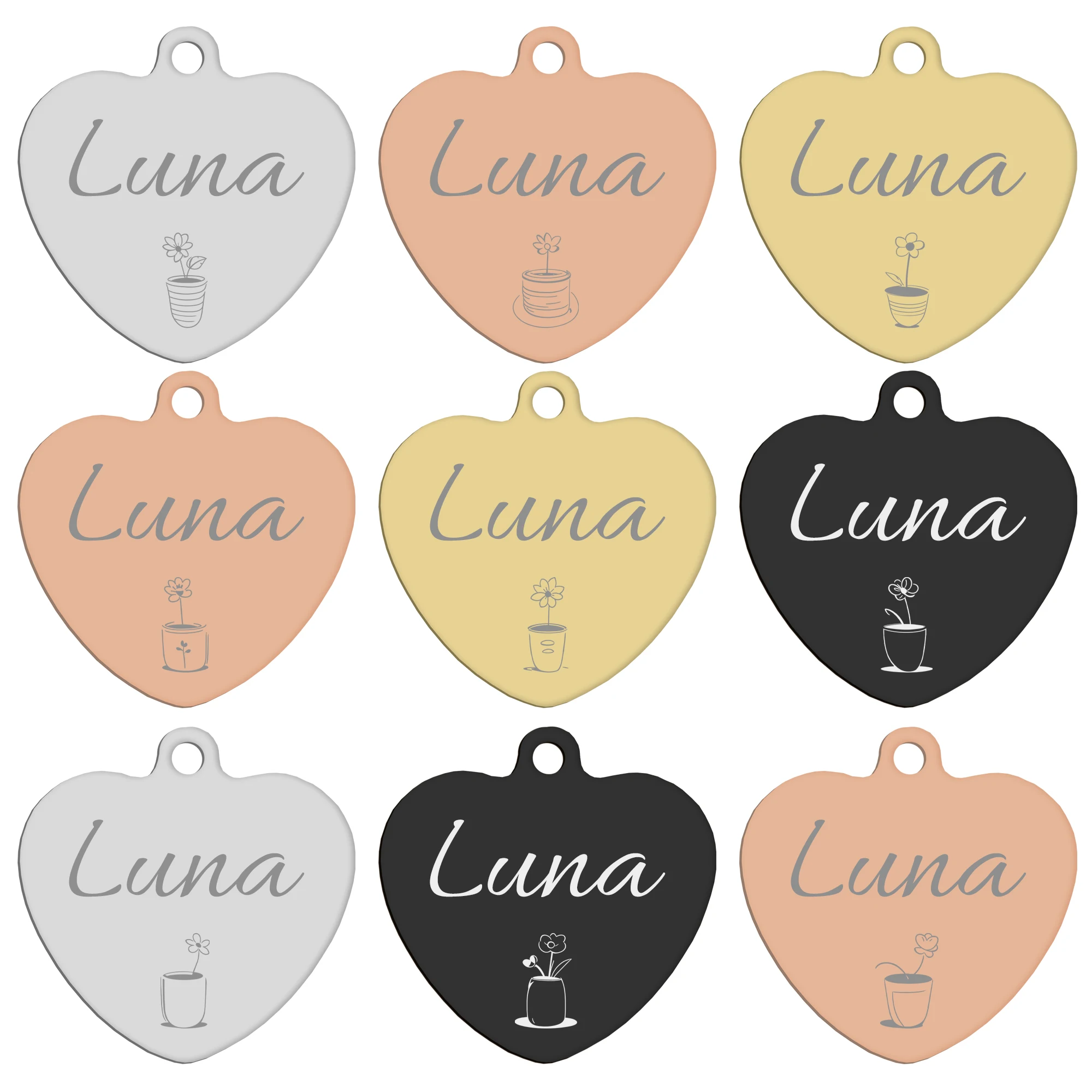 Etiqueta de identificación personalizada para perros y gatos en forma de corazón: nombre/teléfono personalizado de acero inoxidable, diseños florales y macetas (durable e impermeable) - imagen 4