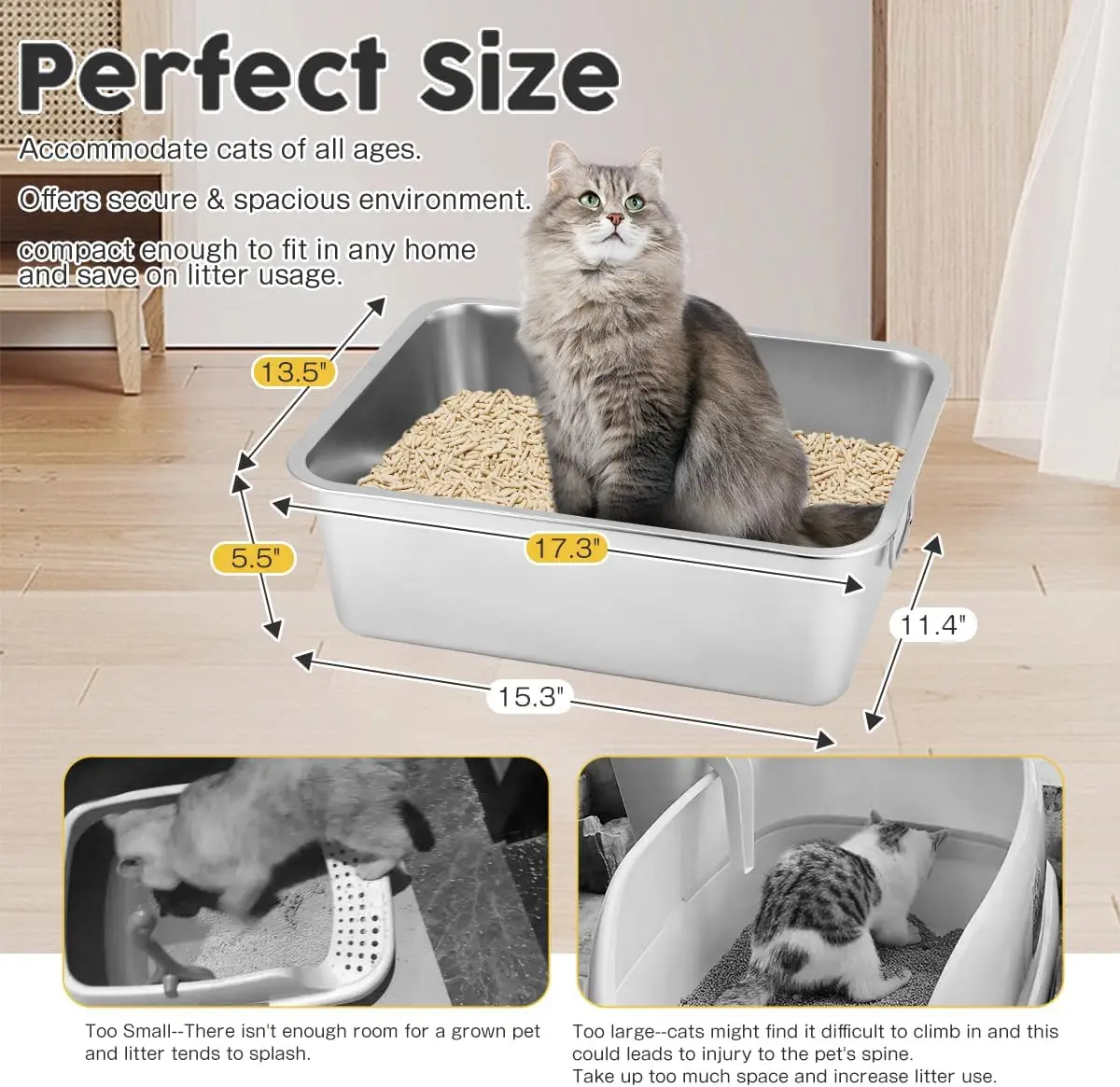 Caja de arena de acero inoxidable, lado alto con mango, adecuado para el control de olores y limpieza de conejos, gatitos y gatos mascotas. - imagen 2