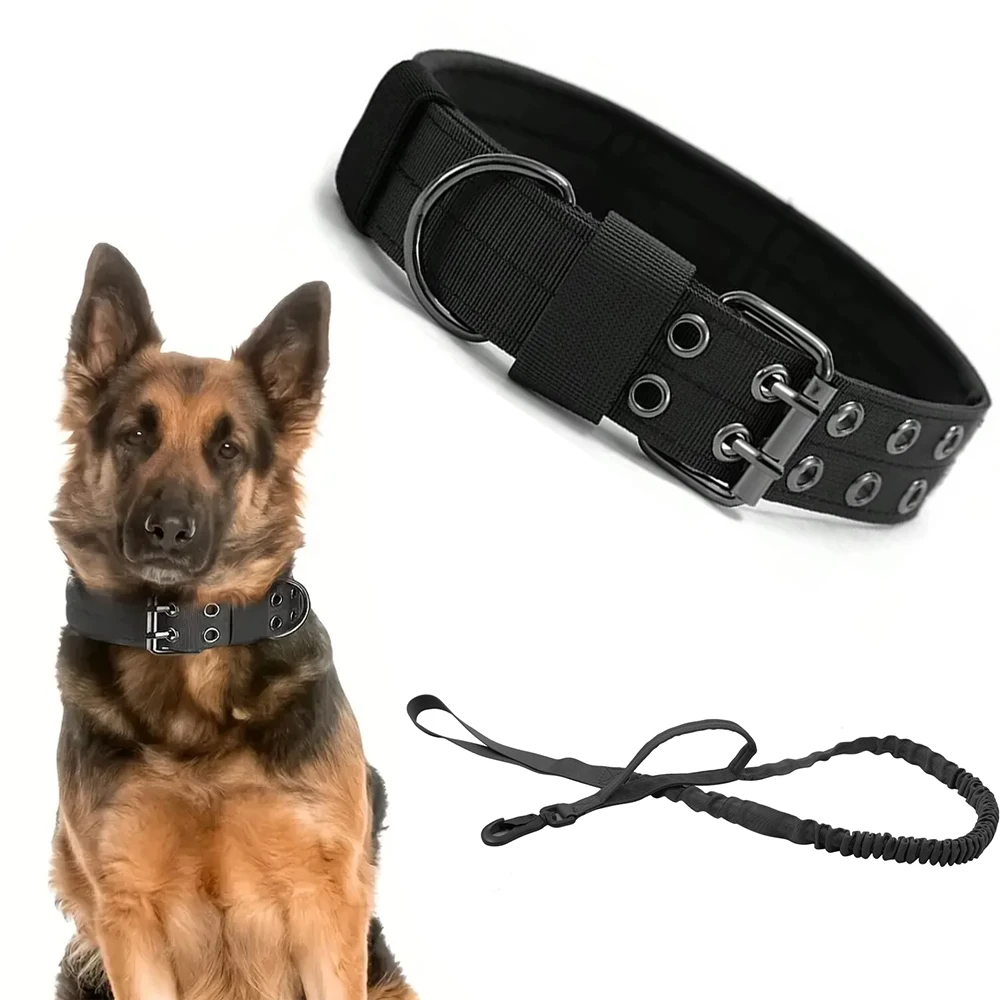 Collar y correa tácticos para perros con mango, collares militares ajustables con hebilla de Metal resistente, entrenamiento de nailon suave para perros