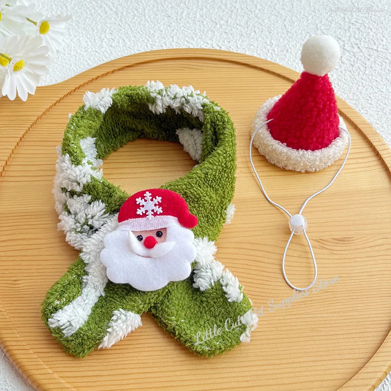 Collar navideño para gato, bufanda navideña roja para mascotas, bufanda cálida de lana verde, sombrero de Papá Noel para gato - imagen 2
