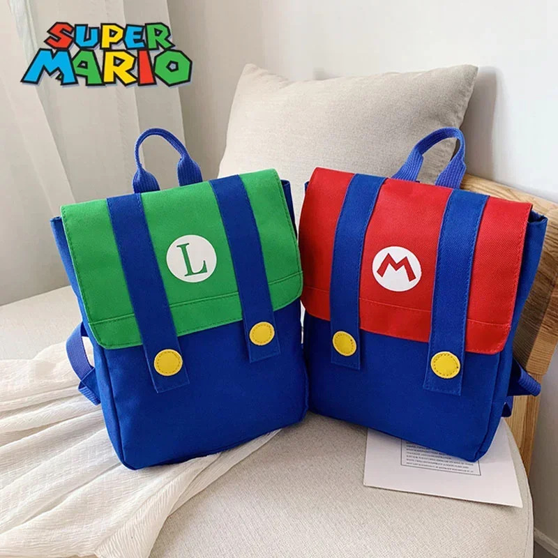 Mochila de Cosplay de Super Marios Bros, nailon de alta capacidad, resistente al agua, juego de Anime, Luigi, jardín de infantes, kawaii, bolsa escolar con letras M, regalos