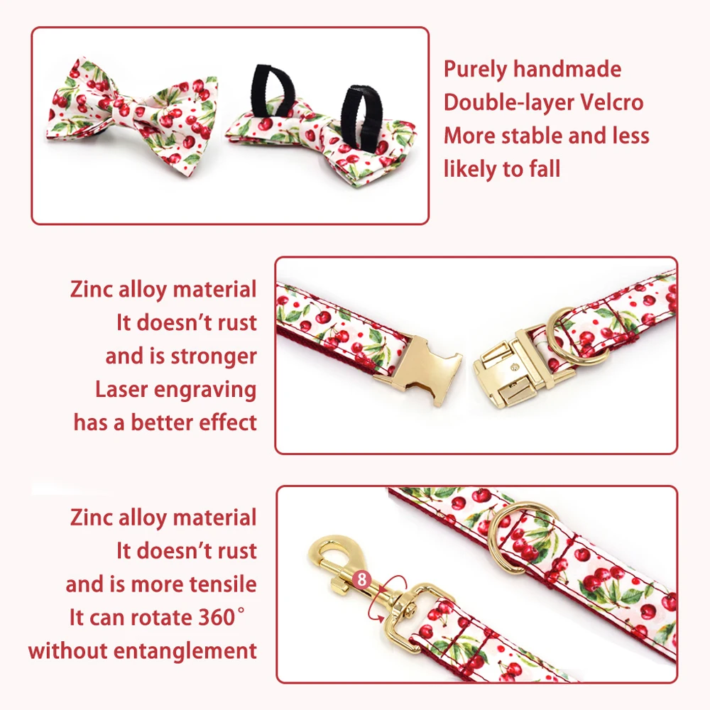 Collar de perro de lujo, collares de algodón con estampado de cereza grabados personalizados para perros pequeños y grandes, Collar de cachorro personalizado y juego de plomo - imagen 4
