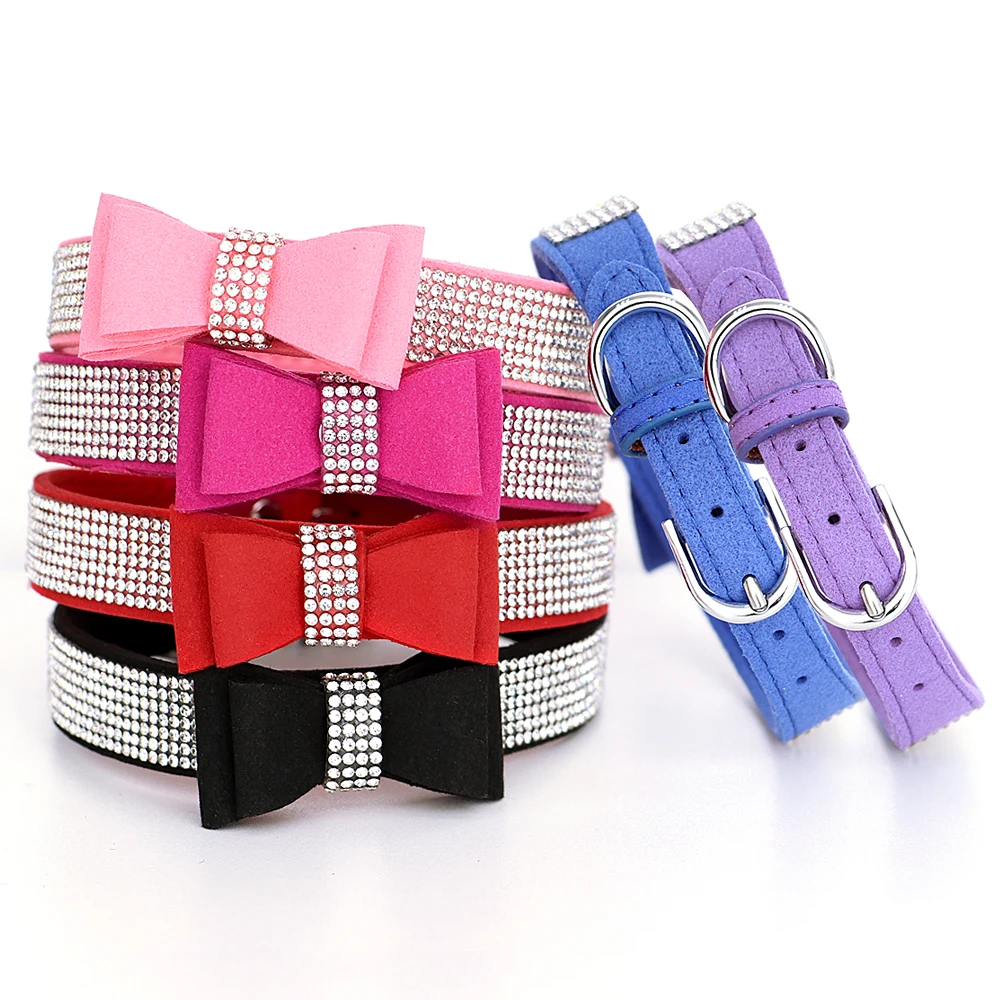 Pequeño mediano Bling Rhinestone gamuza cuero Bowknot accesorios Collar de perro ajustable mascota cachorro gatito Pug Collar collares - imagen 2
