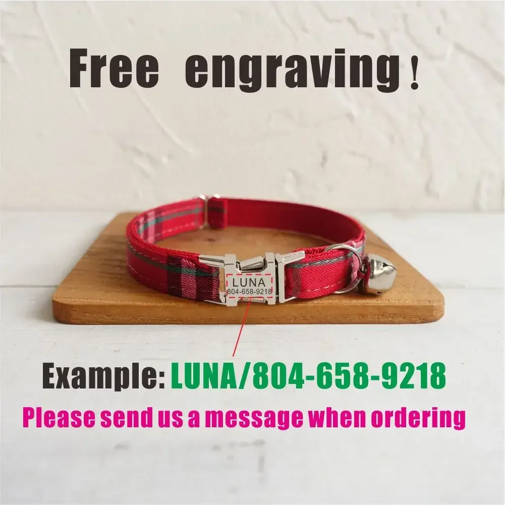 Collar de gato personalizado, contactos de nombre de identificación personalizados, hebilla de metal, collares de gato a cuadros rojos ajustables con campana