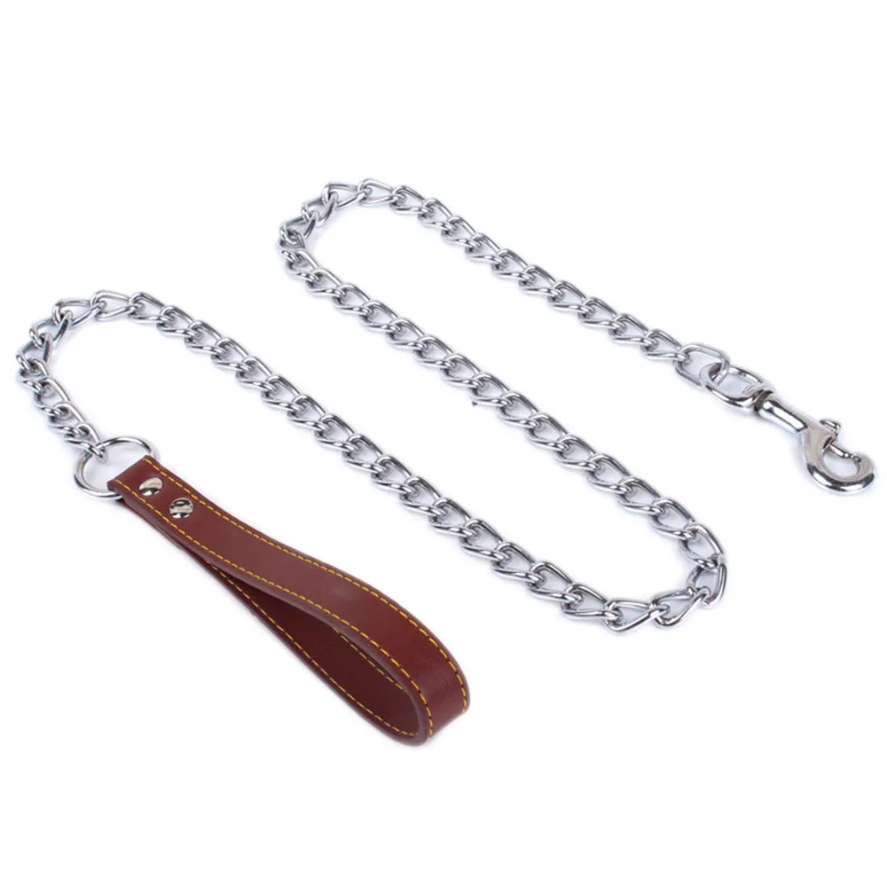 Cadena de Metal antimordida duradera para perros, correa de cadena para perros pequeños, medianos y grandes, mango de plomo, cadena de hierro de cuero PU, accesorios para mascotas - imagen 4