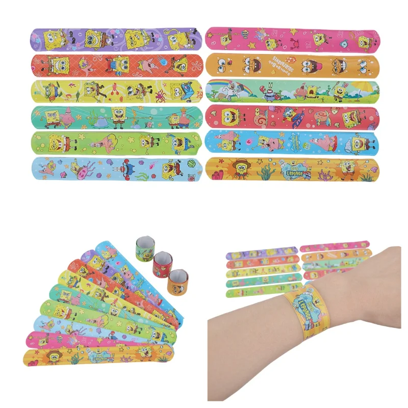 12 Uds. Pulseras de bofetada de Bob Esponja, correa para la muñeca, pulseras de bofetadas para niños, anillos para enganchar, juguete, suministros para fiestas, regalos de cumpleaños - imagen 2