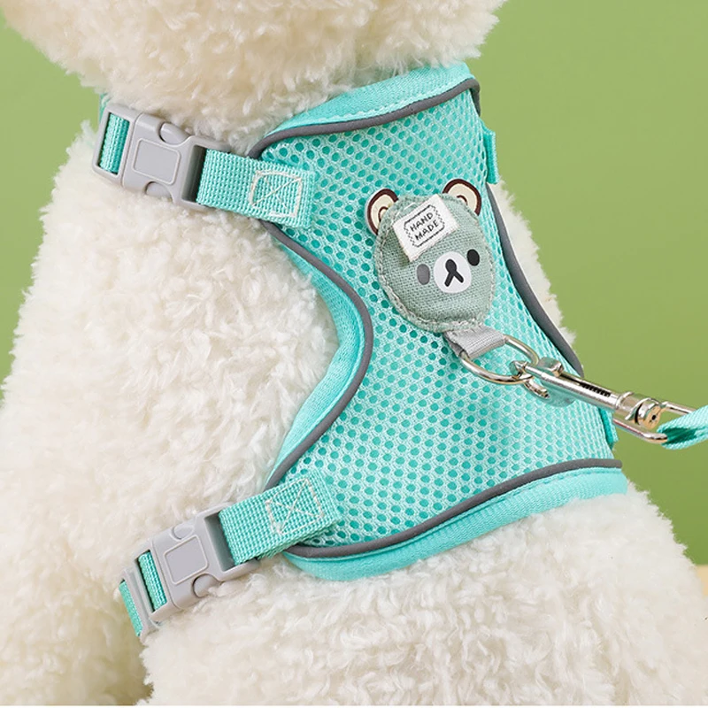 Conjunto de arnés y correa de malla de nailon para mascotas, chaleco reflectante ajustable con patrón de oso de dibujos animados para perros pequeños, cachorros y gatitos - imagen 4