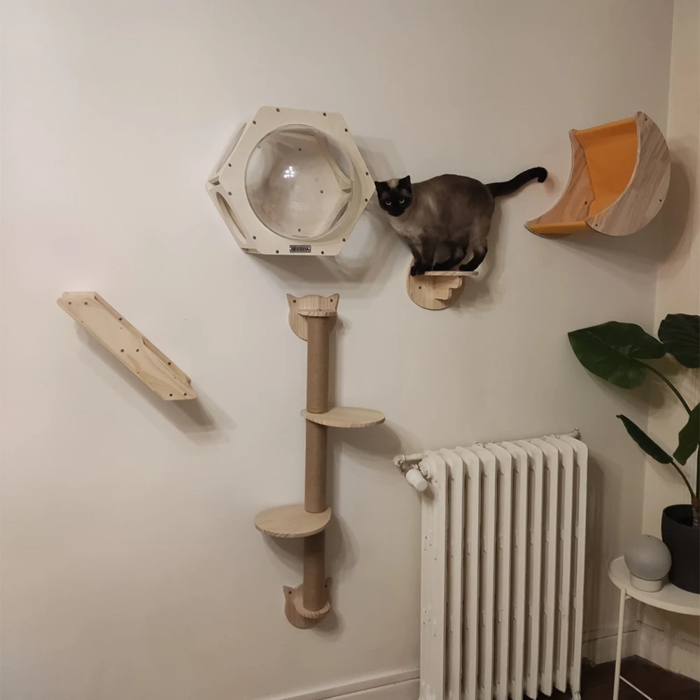 Hamaca en forma de luna de gato montada en la pared con plataforma de salto o escalera de madera, muebles de pared de gato DIY para gatito durmiendo jugando