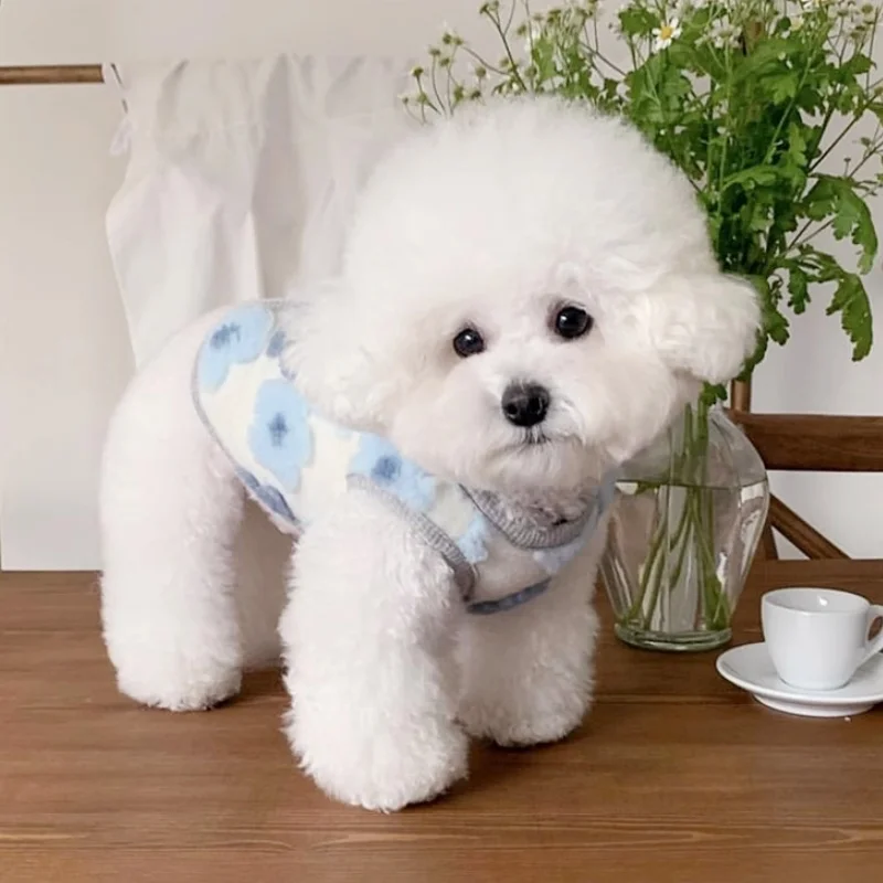 Ropa cálida de otoño para perros pequeños, chaleco con estampado de flores para perros, chaqueta de lujo para cachorros, abrigo de felpa suave para gatos, trajes para mascotas - imagen 2