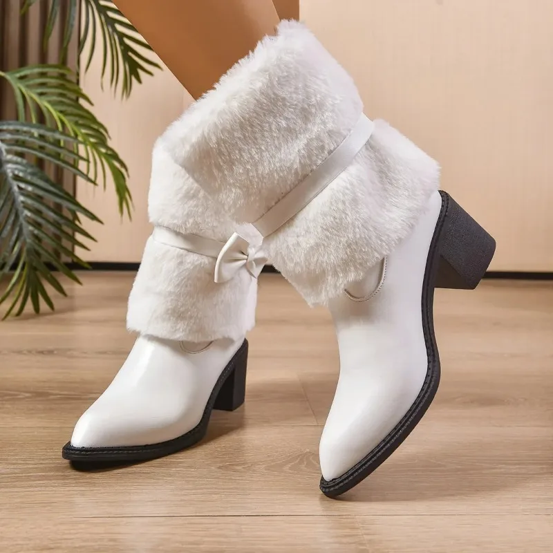 Bota básica informal para mujer, prendas de vestir exteriores a media pantorrilla, otoño e invierno, nuevo estilo, Nudo de mariposa peluda, botas simples de moda para mujer - imagen 4
