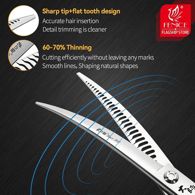 Fenice JP440C tijeras de peluquería para mascotas curvadas con dientes inversos de 7 pulgadas, tijeras mágicas de peluquería para perros con tornillos de rodamiento 60-70% - imagen 4