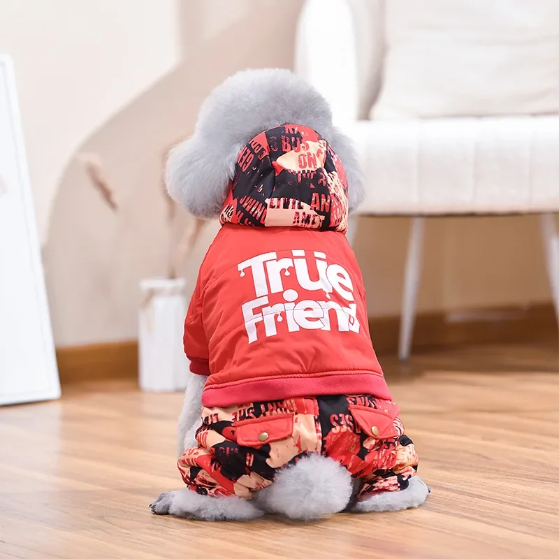 Parkas con capucha de cuatro patas para perros, mono cálido estampado de cuatro patas a prueba de viento para exteriores, ropa para perros pequeños, ropa para cachorros - imagen 3