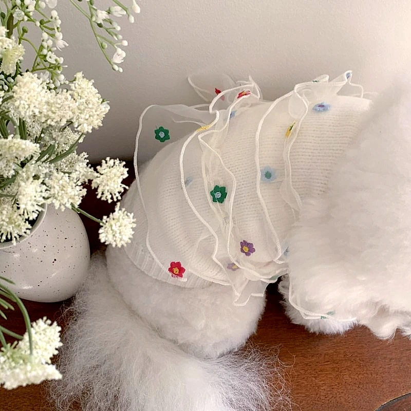 Suéter de encaje con bordado de flores para perro, abrigo cálido de invierno, ropa blanca clásica para mascotas, camisa bonita con botones abiertos para perro - imagen 2