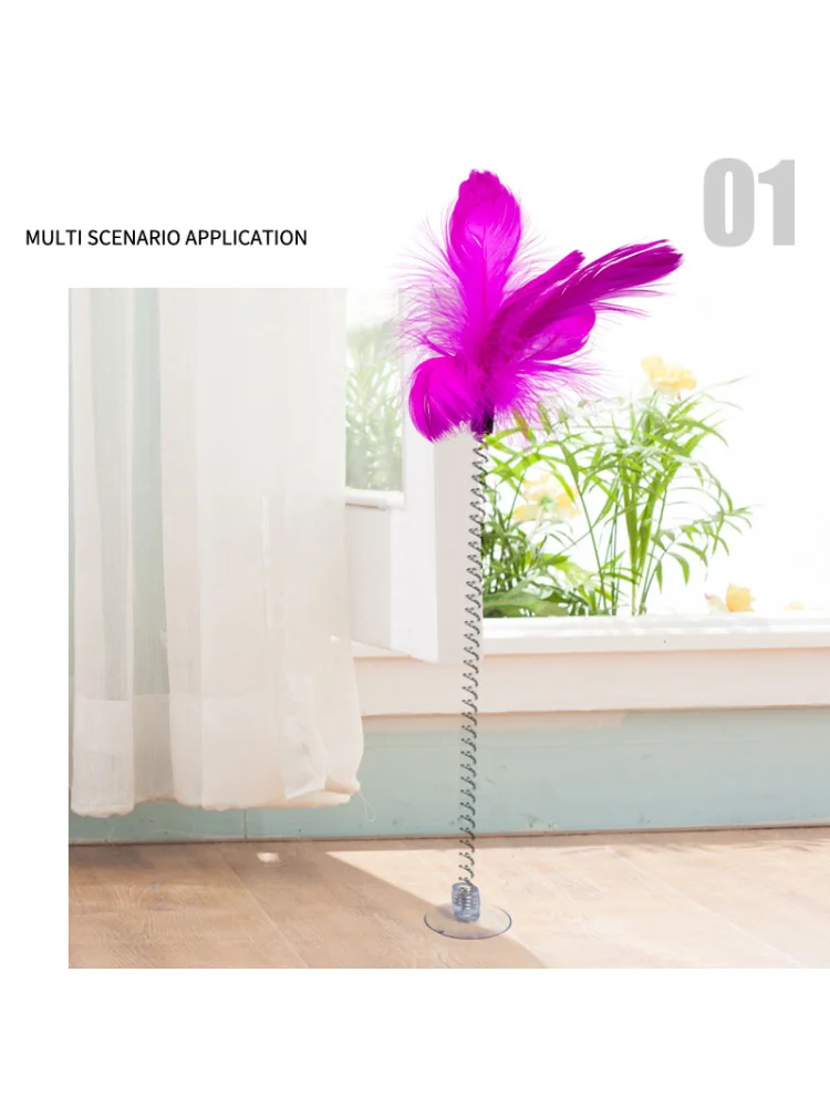 Juguetes de pluma para gatos, ventosa interactiva para morder, rascar, juguete con campana, resorte Flexible, palo, suministros para mascotas - imagen 5