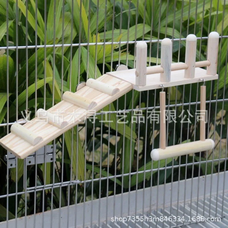 Plataforma de torrado de pájaros de madera, escalera de escalada para loros, columpio, hamaca, trampolín, loro, juego de juguetes de tres piezas para otoño - imagen 4