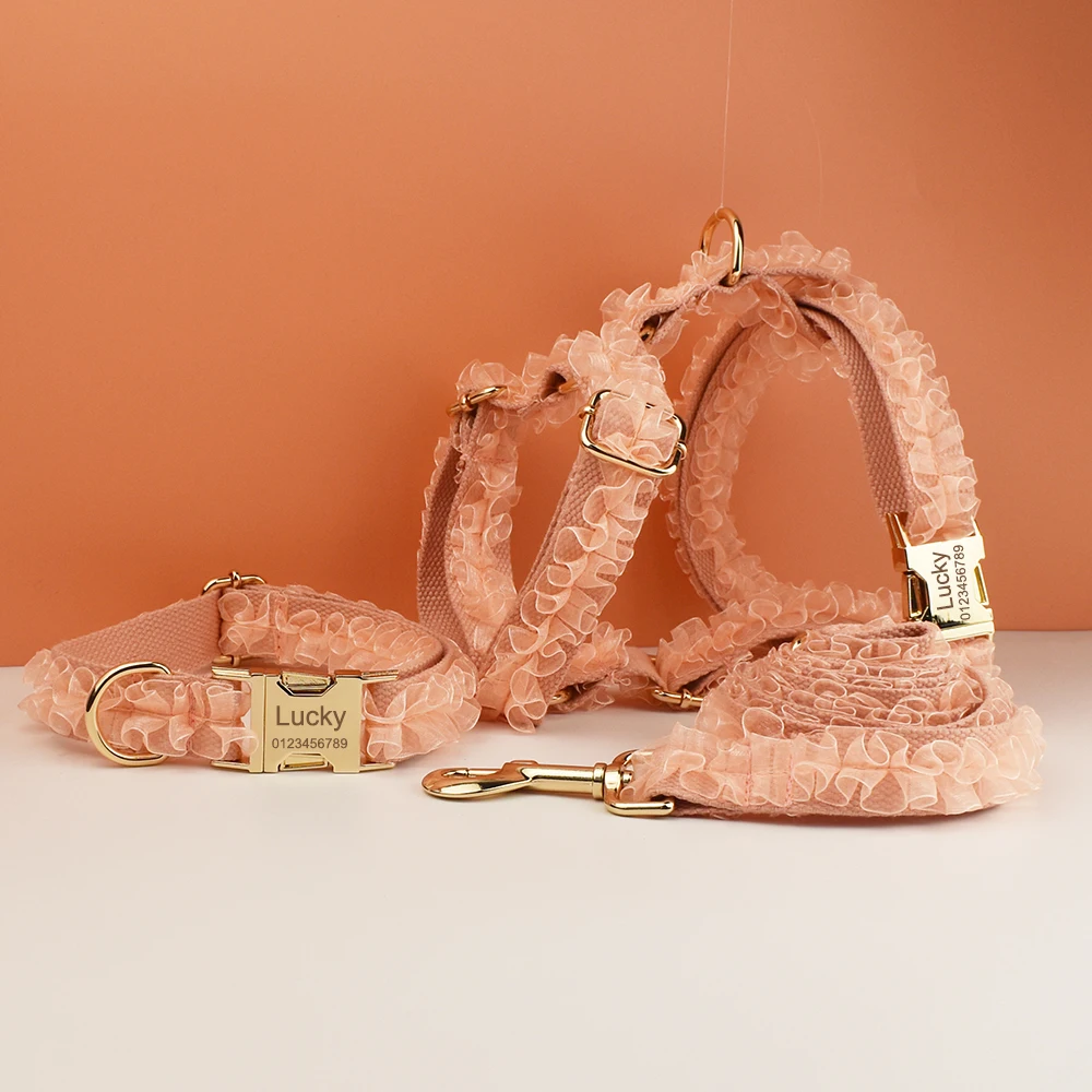 Collar de perro de encaje grabado personalizado, arnés de boda personalizado para mascotas, accesorios de lujo para perros, placa con nombre de encaje 03