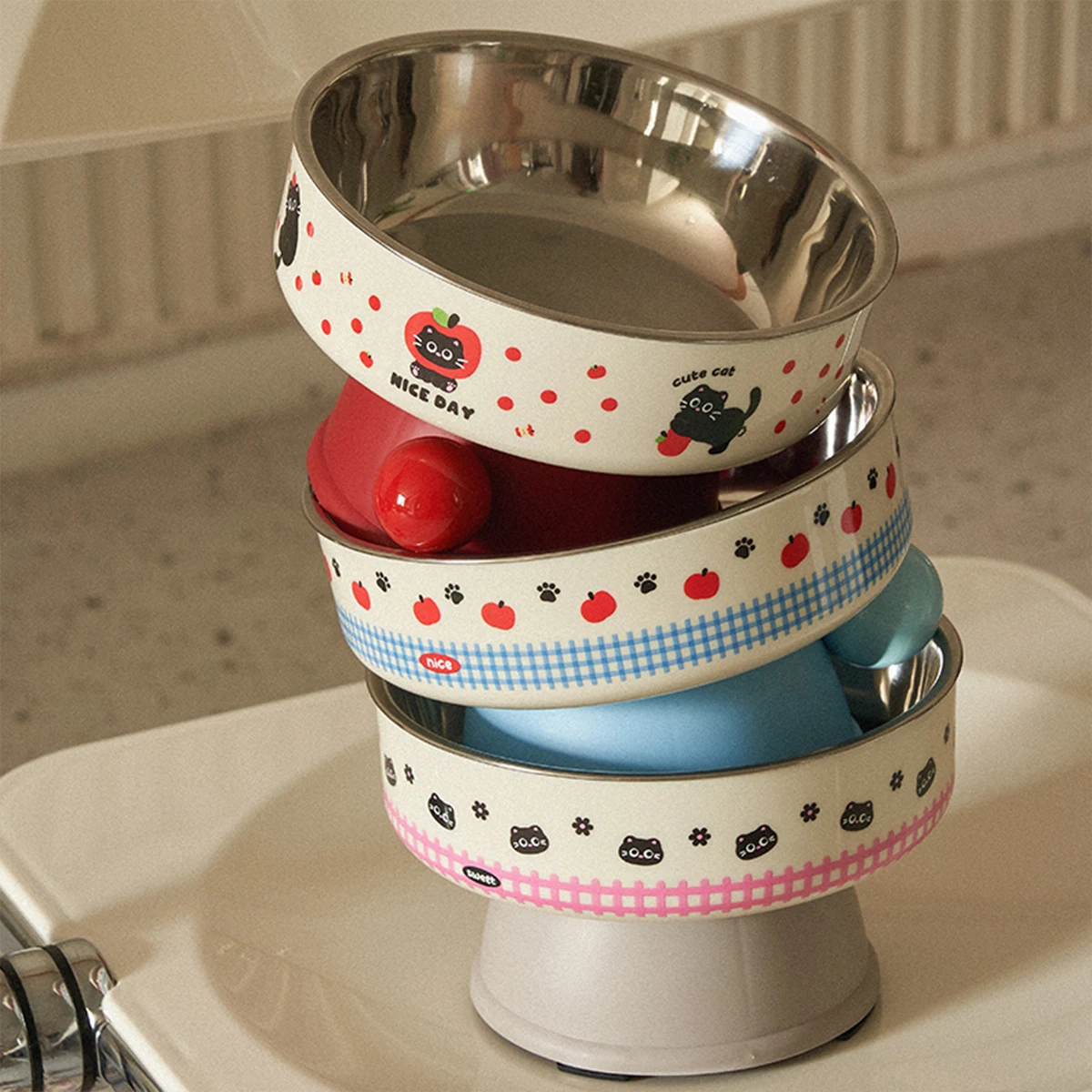 One piece of pet stainless steel high-foot bowl, colorful cartoon pattern single bowl, anti-black mouth, cervical vertebra prote - imagen 5