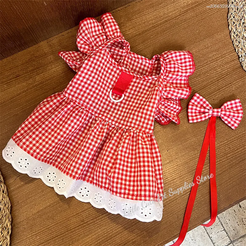 Vestido para perro, chaleco de lujo para mascotas, falda a cuadros de algodón para cachorro, disfraz para perro y niña, ropa para Chihuahua, ropa para perro Bichon con lazo - imagen 2