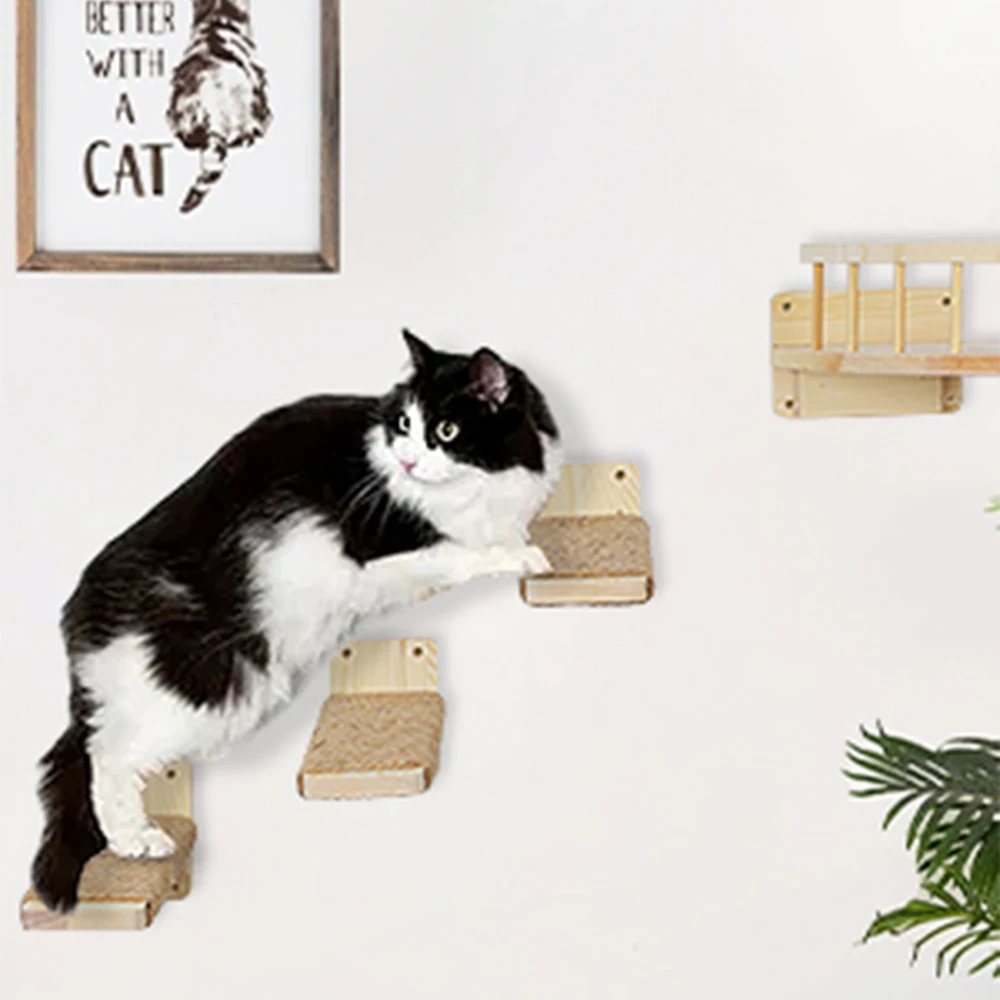 Plataforma para gatos de madera maciza montada en la pared con soporte de metal con accesorios de escalón para gatos de sisal adecuados para saltar y descansar - imagen 5
