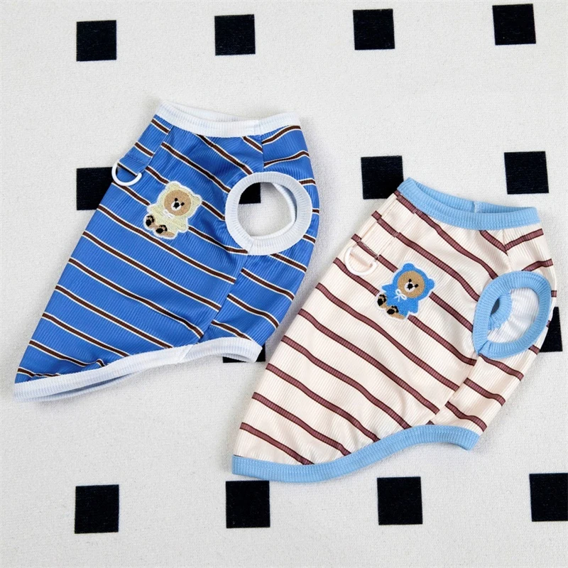 Chaleco para perro mascota con oso de dibujos animados para Chihuahua, ropa clásica a rayas con cuello redondo, ropa de verano para gatos, monos para cachorros frescos y transpirables Unisex - imagen 4