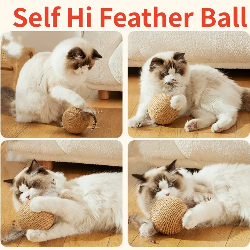 ของเล่นแมว Feather Ball ของเล่นแมว Interactive Scratch-ทนแมว Sticks Self-hi Sisal Balls ของเล่นสําหรับแมว Teasing สัตว์เลี้ยงผลิตภัณฑ์ - imagen 3