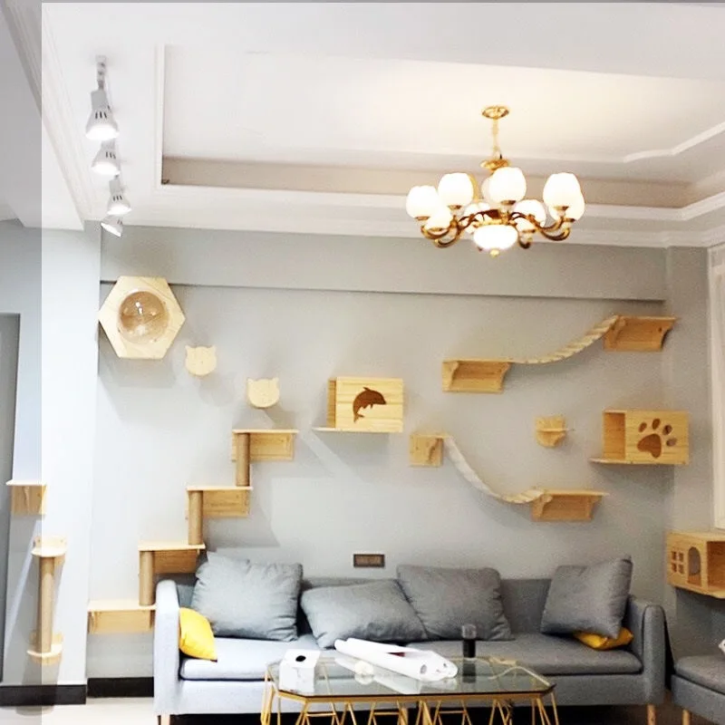 Hamaca para gatos montada en la pared, juego de estante de pared para gatitos, poste rascador de madera, casa de árbol trepadora, juguete, muebles para mascotas - imagen 4