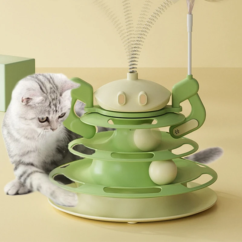 Juguete interactivo para gatos de 4 niveles, tocadiscos de juguete para gatos, bolas giratorias, rompecabezas, pista de entrenamiento, juguetes, suministros para mascotas - imagen 3