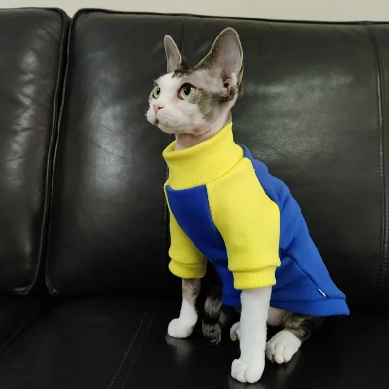 Sphynx Cat Clothes Sweater para gatitos Perros Winter Autumn Cotton Coat para Devon Rex Mangas largas Sudadera de color block para gato - imagen 5