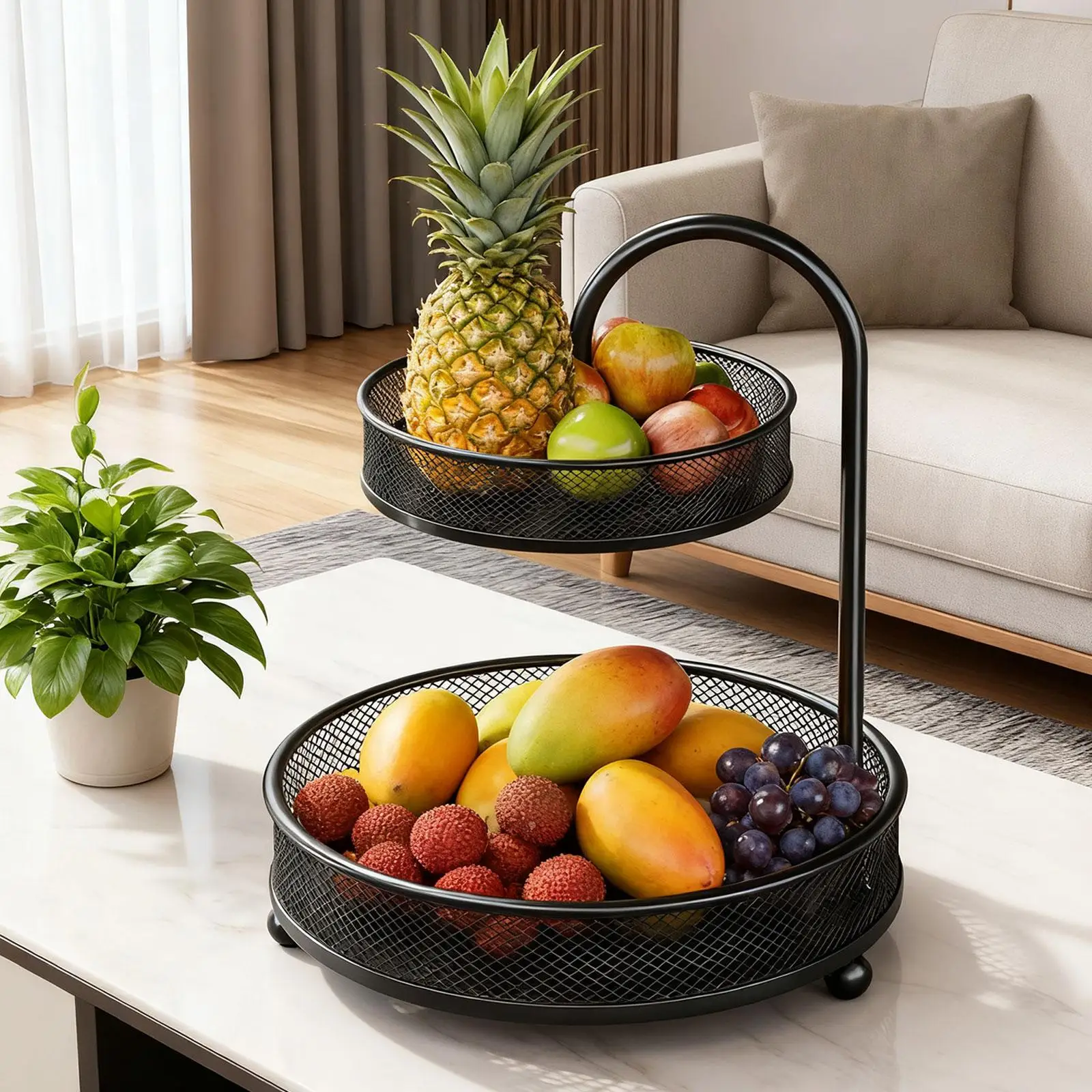 Cesta de frutas, frutero antideslizante de 2 niveles, soporte de almacenamiento, cesta de verduras, cuenco para cocina, encimera de verduras, sala de estar - imagen 4