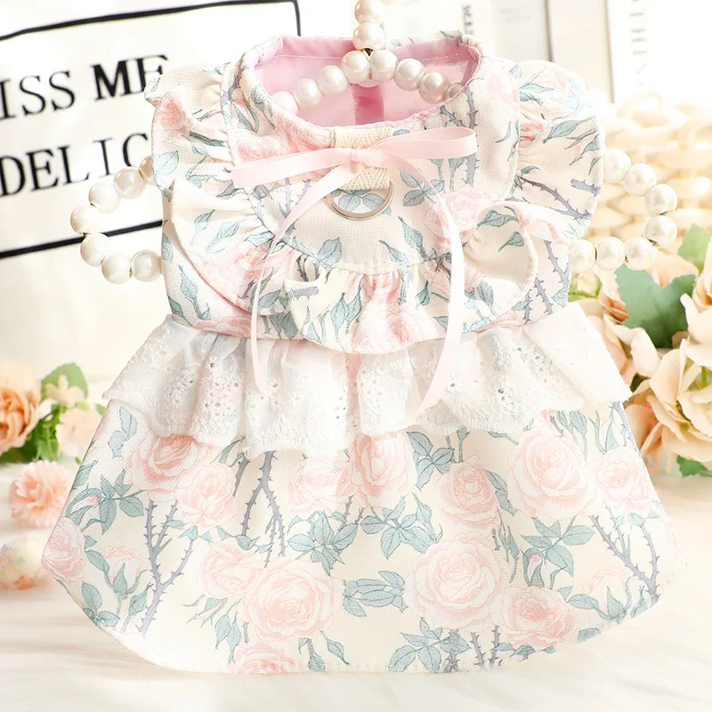 Vestido de princesa fino de primavera y verano, ropa con estampado Floral, falda con volantes y anillo en D para perros pequeños - imagen 2