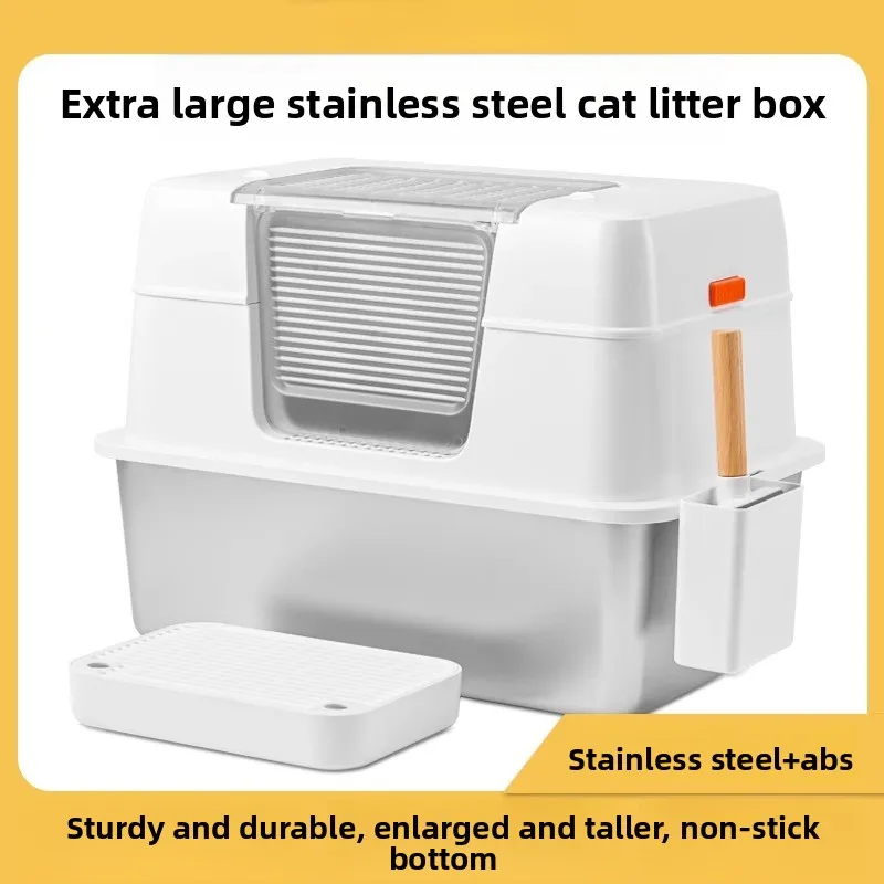 Caja de arena para gatos de acero inoxidable, extragrande, completamente cerrada, resistente al agua, fácil de limpiar, productos para mascotas, accesorios de limpieza, sartenes para gatos
