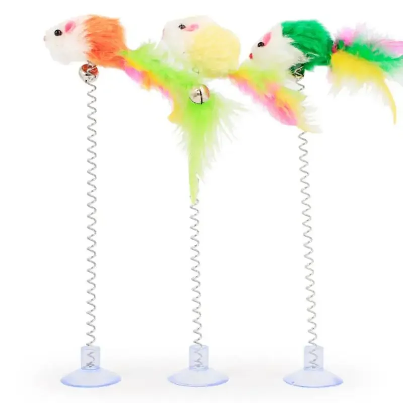 Juguete de primavera para mascotas, juguete interactivo divertido de succión para gatos, ratón elástico y ventosa inferior de plumas, suministros para mascotas, 1 ud. - imagen 2