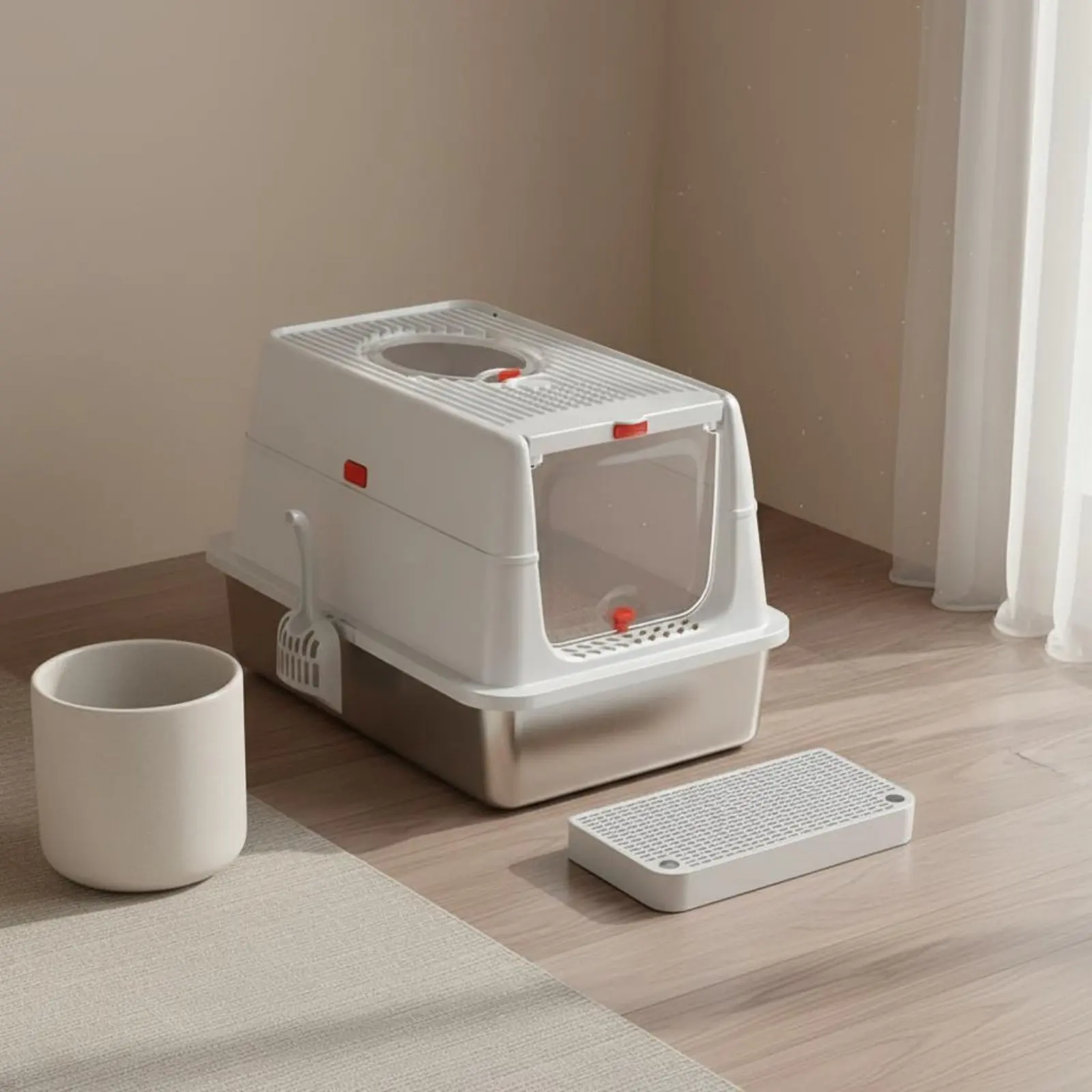Caja de arena para gatos acero inoxidable tapa articulada lados altos