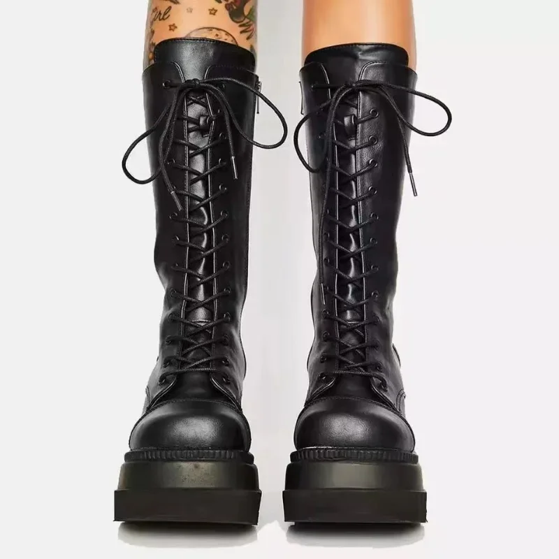 Botas de plataforma para mujer, botines militares de combate contra la lluvia, cuero corto negro, Rock, Punk, gótico, Lolita, Ofertas de liquidación, Invierno - imagen 3