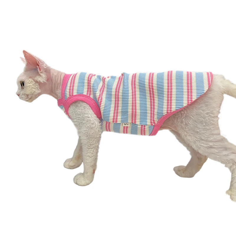 Ropa de gato sin pelo Sphinx de primavera para gatos, chaleco a rayas sin mangas, camisa para cachorros y gatitos, Camiseta de algodón, pijamas bonitos, ropa para mascotas - imagen 2