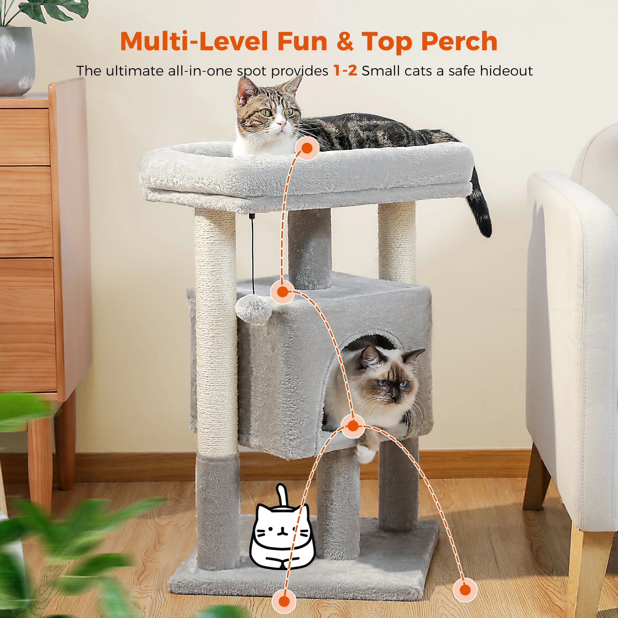 Torre pequeña de árbol para gatos con postes rascadores de Sisal Natural, percha superior suave y pompón de felpa, acogedora cama para gatos, juguetes de interior - imagen 2