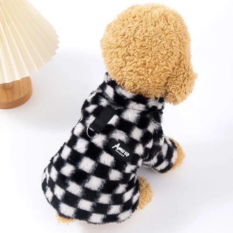 Ropa de invierno para perros, cálida y gruesa con cárdigan de lana, ropa de tablero de ajedrez peluda, ropa para cachorros, ropa para perros pequeños - imagen 3
