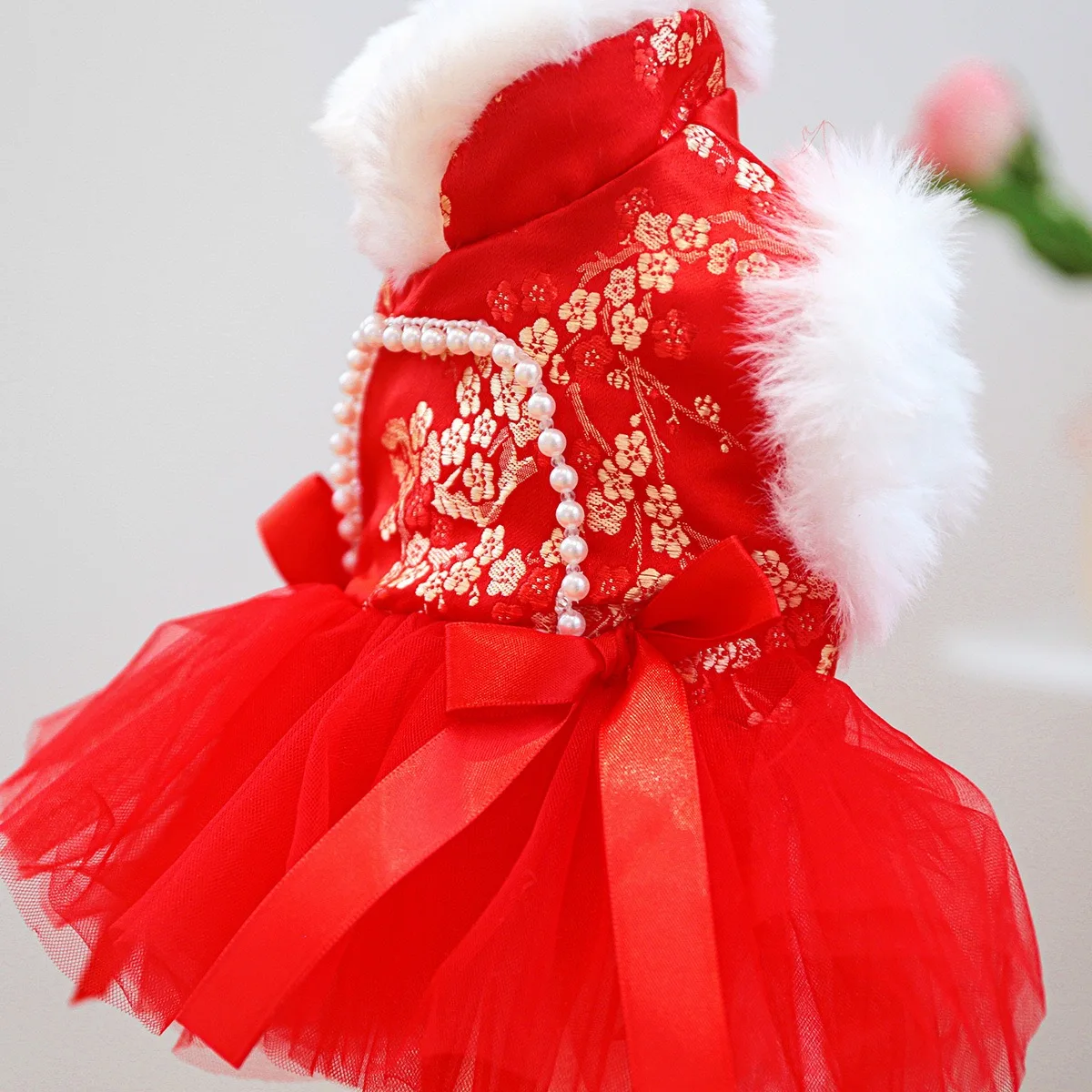 Ropa china antigua para perros y niñas, vestidos de Año Nuevo con Bulldog Francés para gatos, monos cálidos y esponjosos con flores doradas para cachorros y gatitos - imagen 4