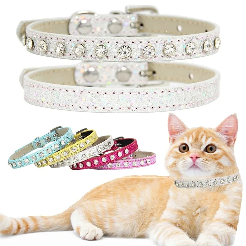 Collar para perro pequeño con diamantes de imitación, Collar ajustable de cuero PU para mascotas, Collar decorativo de lujo para gatito, cachorro, suministros para Chihuahua