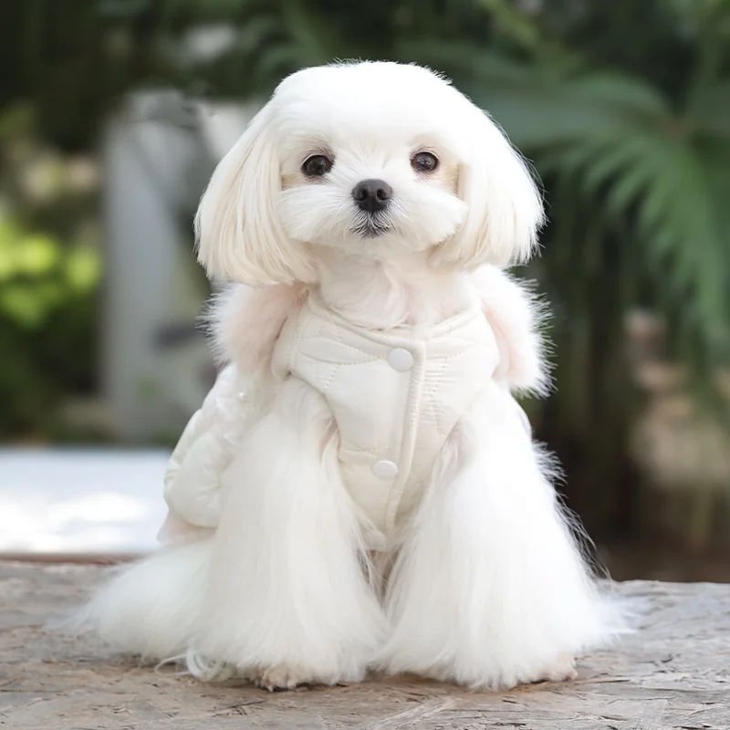 Abrigo lolita de encaje para perros pequeños, chaqueta rosa cálida de piel sintética de felpa, Abrigo acolchado de algodón con lazo para perros, ropa a prueba de viento - imagen 3