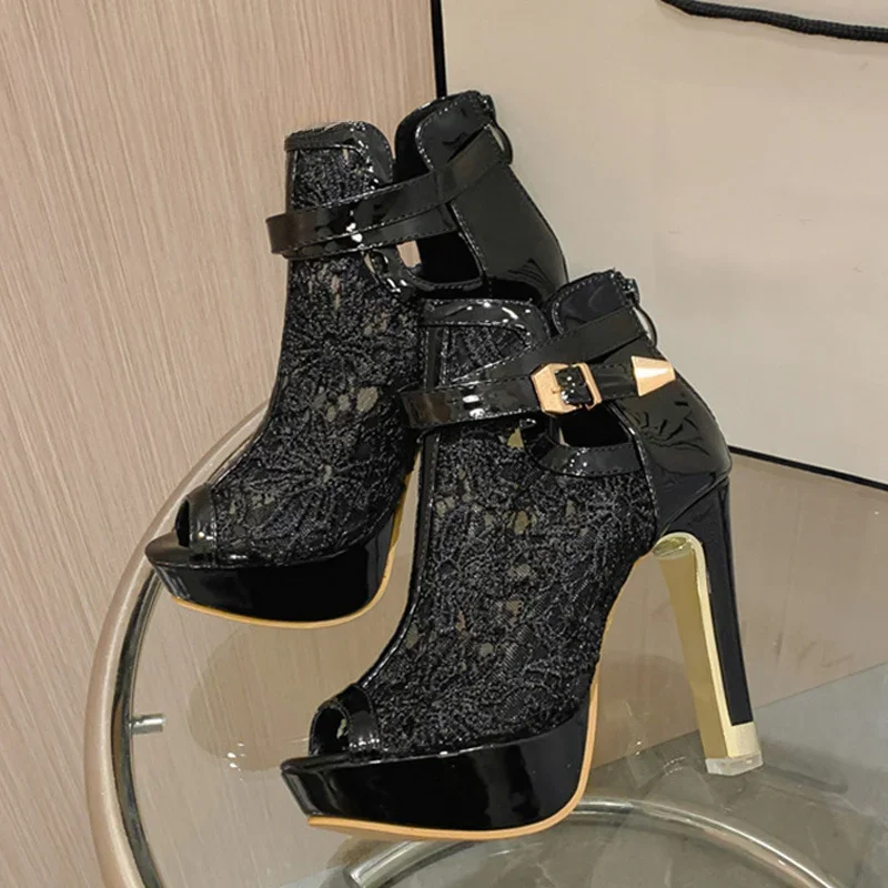 Botas de tacón alto con plataforma de tela de malla para mujer, sandalias con punta abierta, Stiletto para fiesta en club nocturno, Sexy, otoño - imagen 5